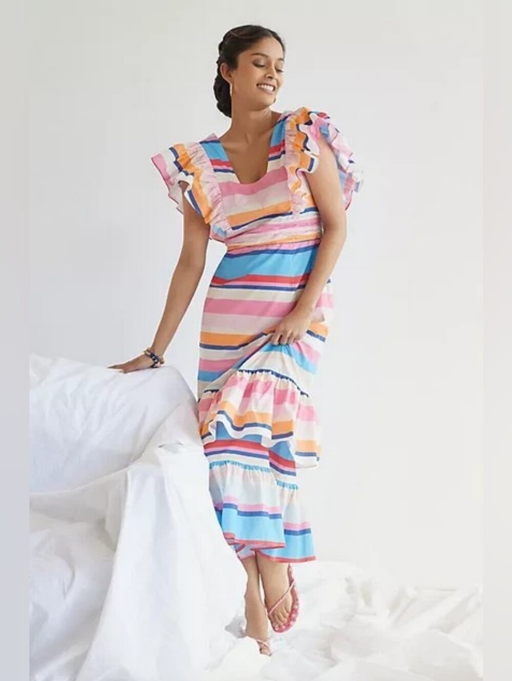 Anthropologie Plenty by Tracy Reese Ruffled Rainbow Striped Dress Size XSP